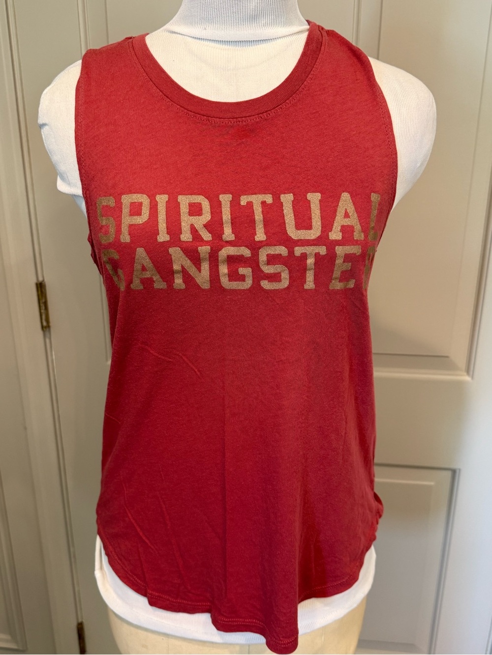 Spiritual Gangster Crimson Muscle Tank with Gold Logo Women’s Small